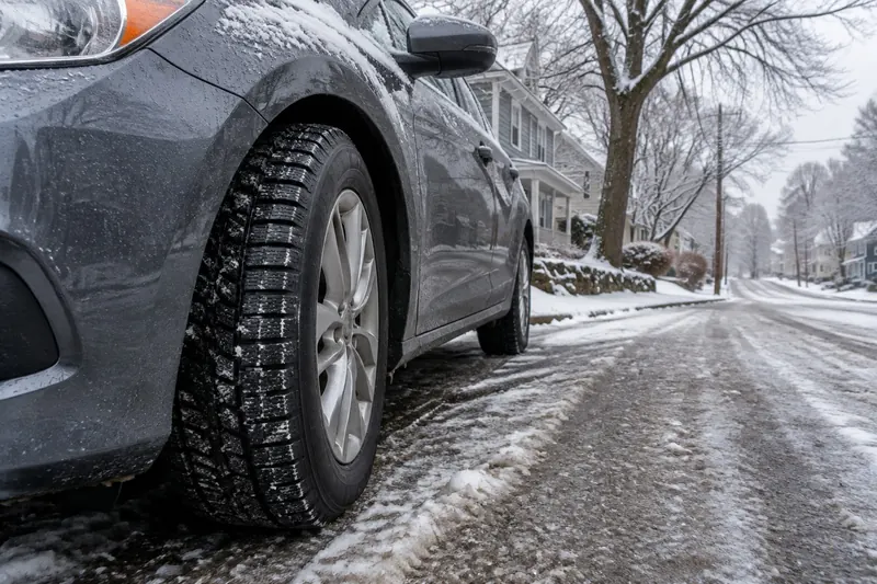 Close view of a hatchback's winter tire in slush on a New England street during the first snowfall of November
