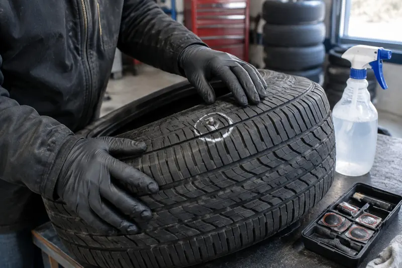 Gloved hands inspecting the tread of a tire on a bench, a chalk circle around a screw head in the tread, with a spray bottle and patch kit beside it
