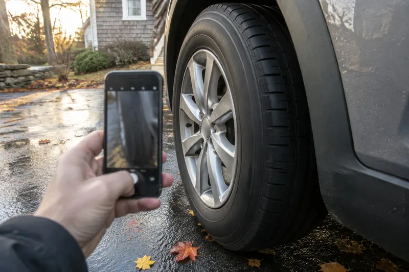 A hand holding a phone up to photograph the side of a car tire in a wet autumn driveway to capture its size