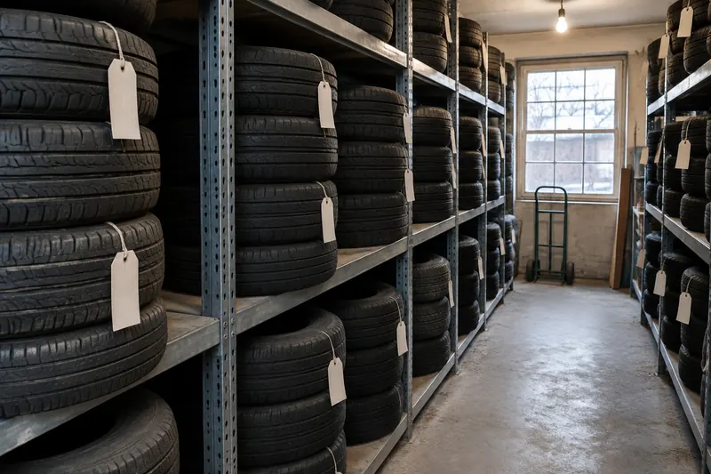 Back-room steel racks holding sets of four tires stacked in columns, each stack with a blank paper tag tied on