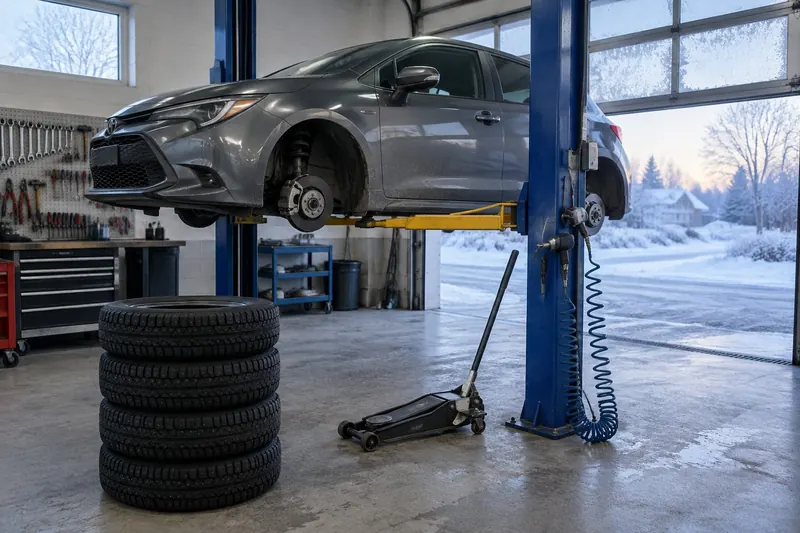 Tire shop service bay at first light with a gray hatchback raised on a lift, its front wheels off, and four winter tires stacked beside a floor jack