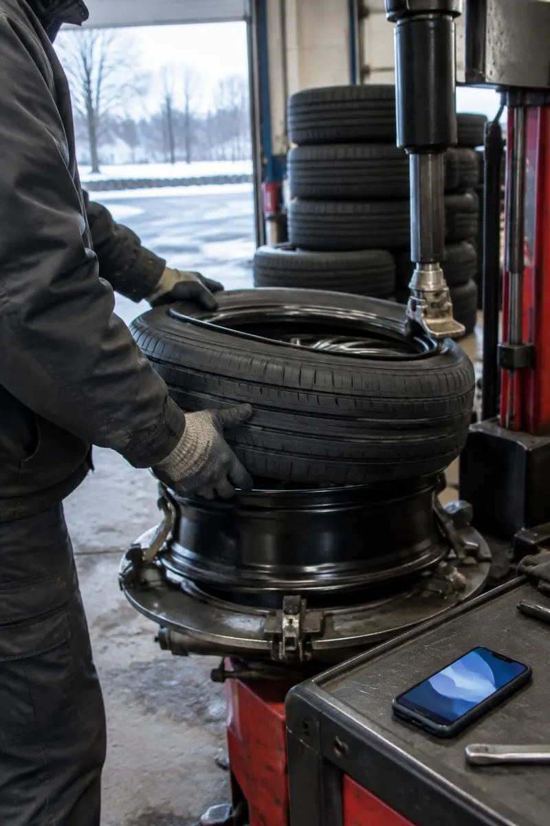 Gloved hands seating a tire onto a wheel at a tire changer, with a phone glowing on the workbench beside it and stacked tires through the bay door