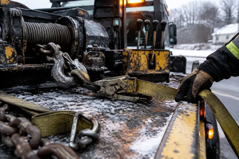 Close-up of a flatbed tow truck winch hook, chain, ratchet strap and wheel-lift controls dusted with snow, with a gloved hand holding the strap