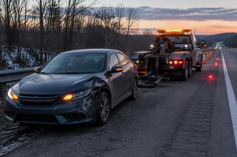 Disabled dented sedan with hazard lights on a highway shoulder at dusk with orange cones and flares, and a wheel-lift tow truck with an amber light bar behind it