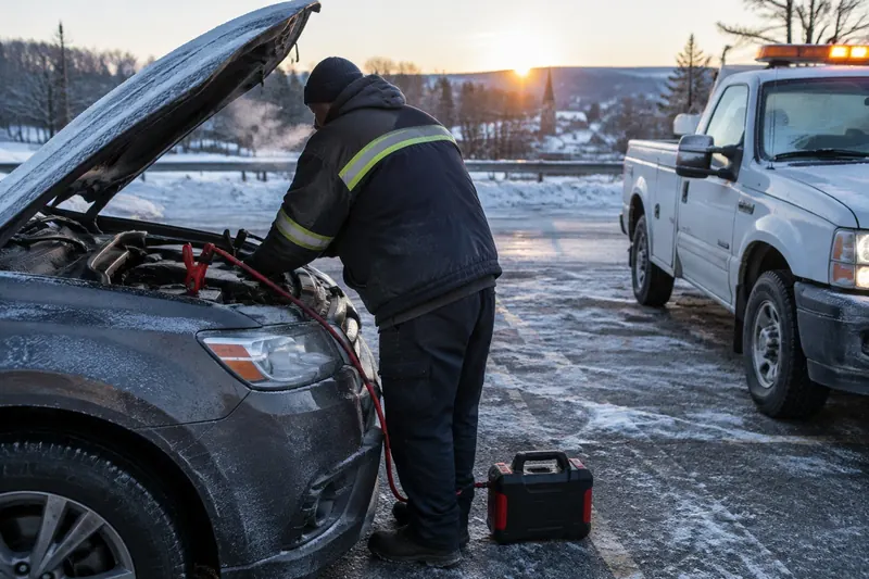 Roadside technician in a hi-vis jacket jump-starting a car in a frosty parking lot at dawn with a portable jump pack on the ground and a service truck behind