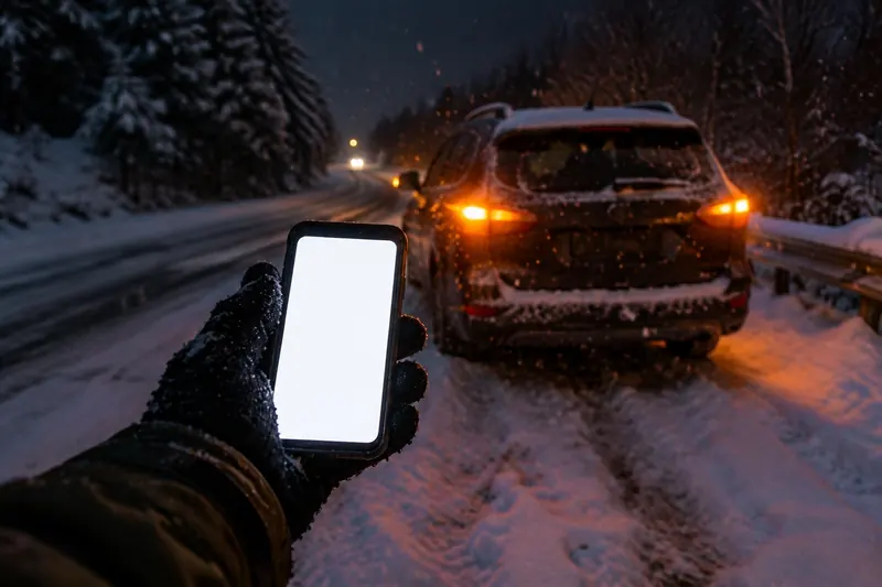 Gloved hand holding a phone with a blank glowing screen on a snowy roadside at night, the driver's SUV behind with amber hazard lights on