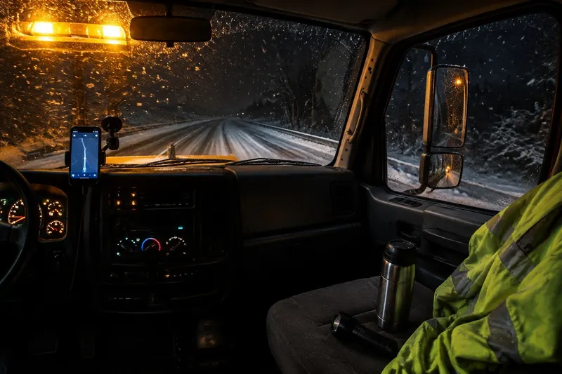 Inside a tow truck cab at night with a phone glowing in a dash mount, a thermos and a hi-vis jacket on the seat, snow on the windshield and an amber beacon reflecting in the glass