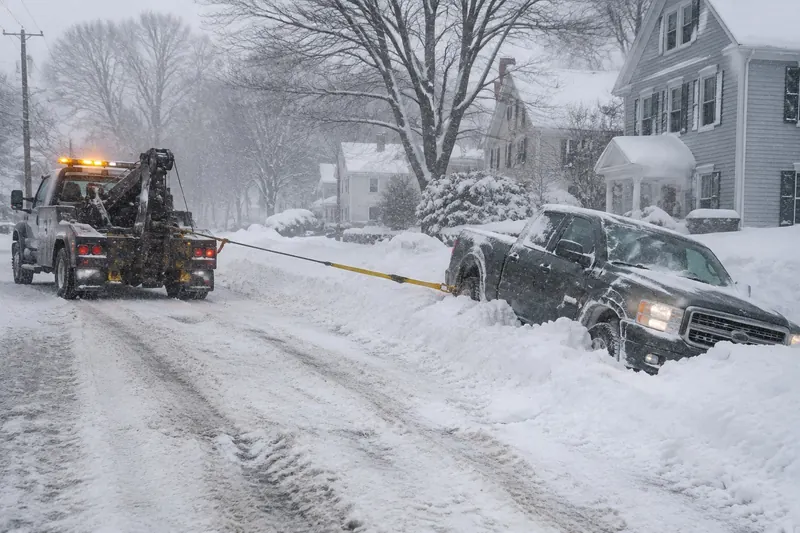Tow truck with a taut winch cable pulling a pickup out of a deep snowbank on a snowy residential New England street with amber lights flashing