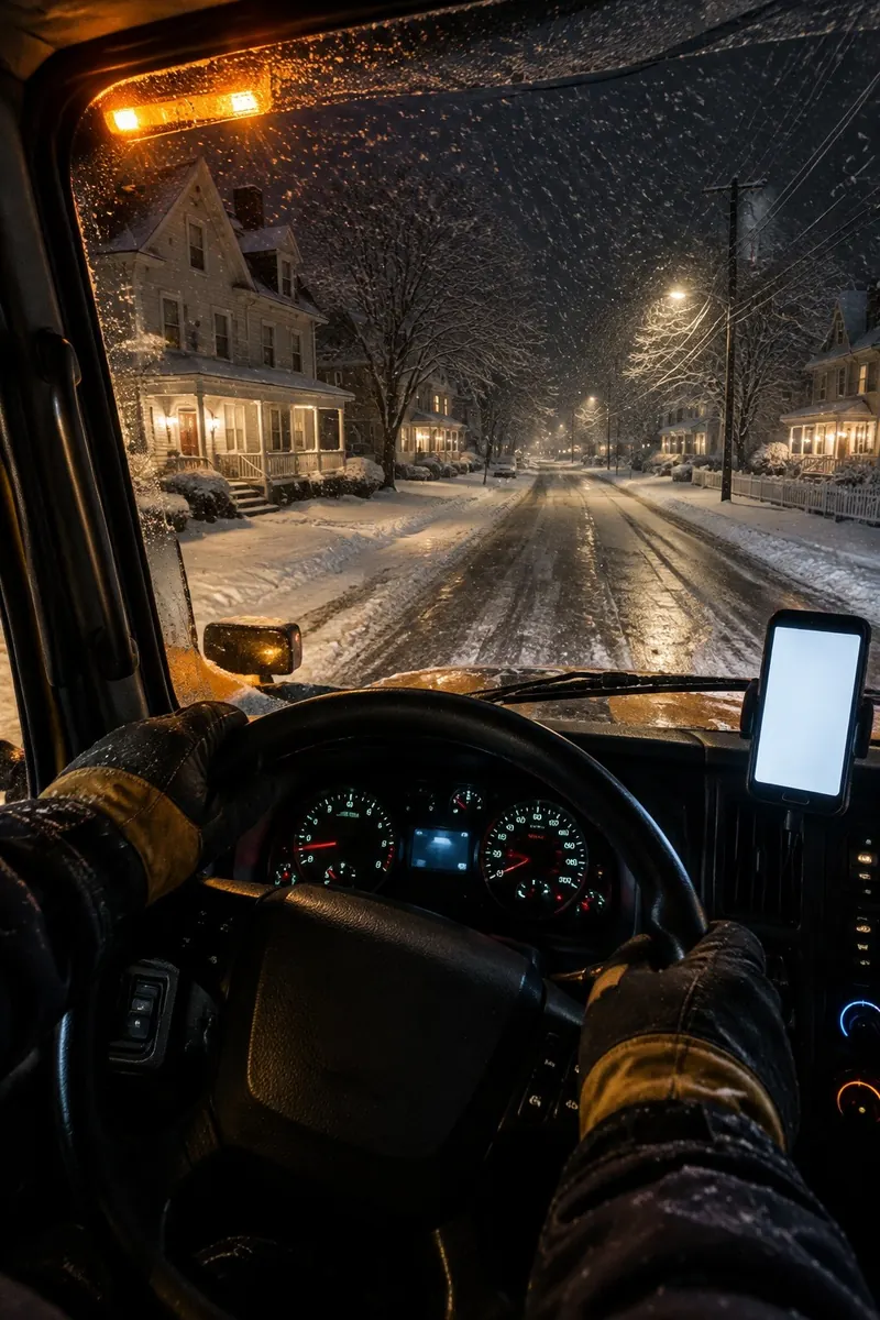 Gloved hands on the steering wheel of a tow truck cab at night, a phone glowing in the dash mount, snow falling on the windshield over a quiet residential street