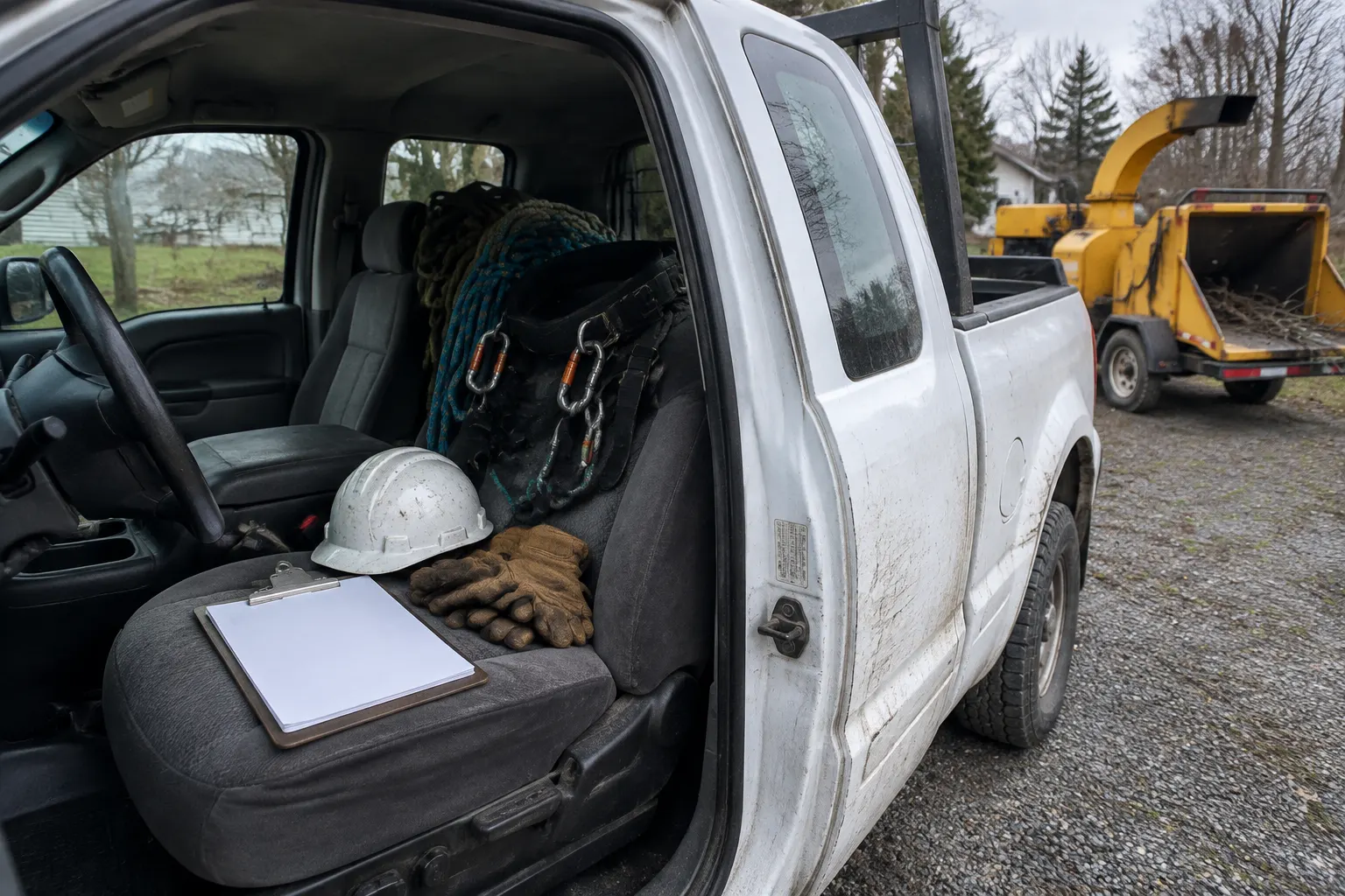 Open tree-crew pickup door with a hard hat, work gloves, climbing gear and a blank clipboard on the seat