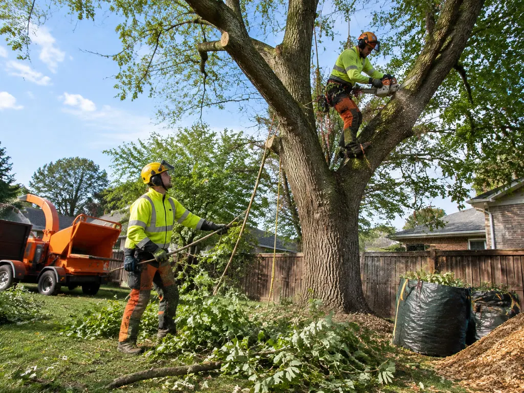 Tree crew taking down a large backyard tree, one climbing with a chainsaw