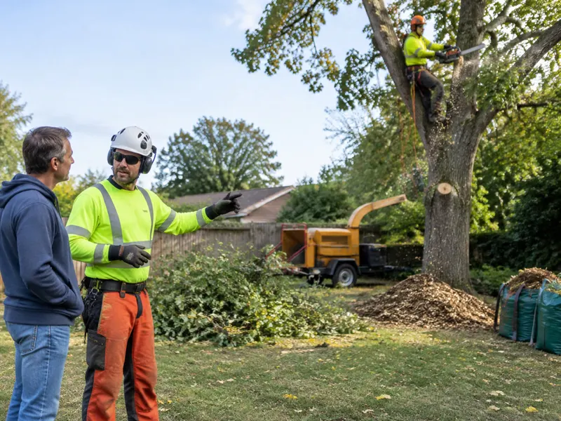 Tree crew lead walking a homeowner through a removal job while a climber works in the oak above