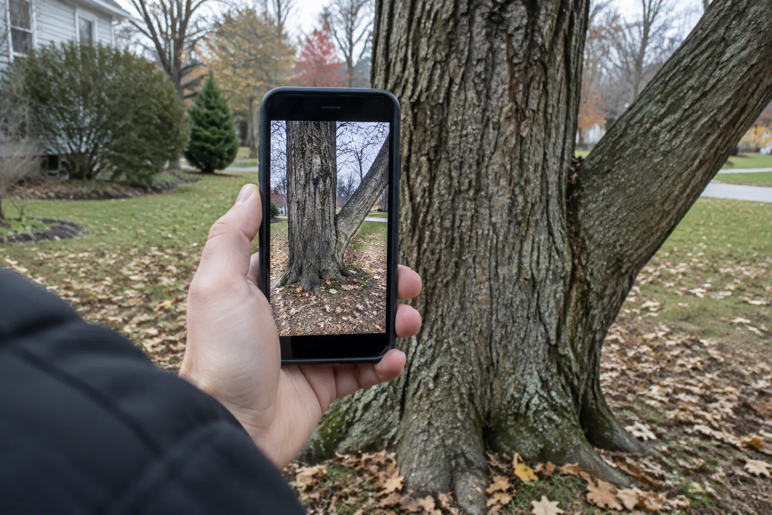 Homeowner holding a phone up to photograph the base of a large maple and its leaning limb