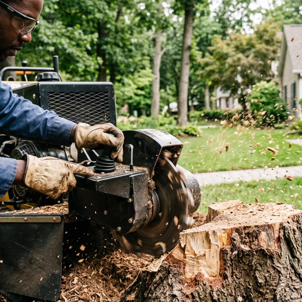 Gloved hands guiding a stump grinder wheel as chips fly off a fresh stump