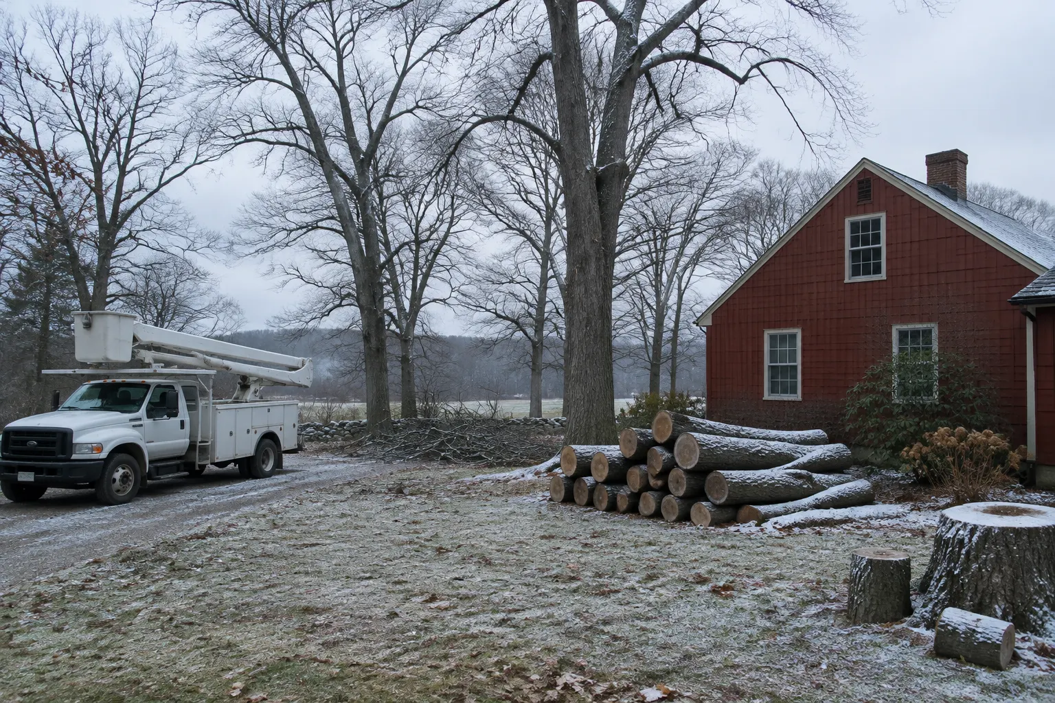 Quiet winter job site with bare oaks, a light frost, stacked logs and a bucket truck by a red barn