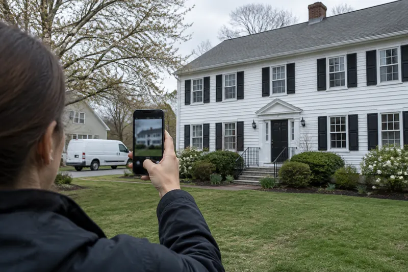 A homeowner on the lawn holding up a phone to photograph the front of a white two-story colonial house with shuttered windows