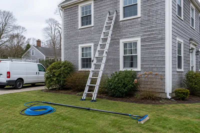 An extension ladder footed on level grass against a gray shingled two-story house, with a water-fed pole lying ready on the lawn