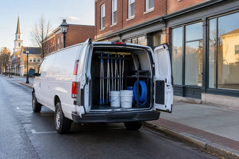 A plain white work van parked on a small-town main street with its rear doors open on racks of squeegee poles, buckets and a coiled hose