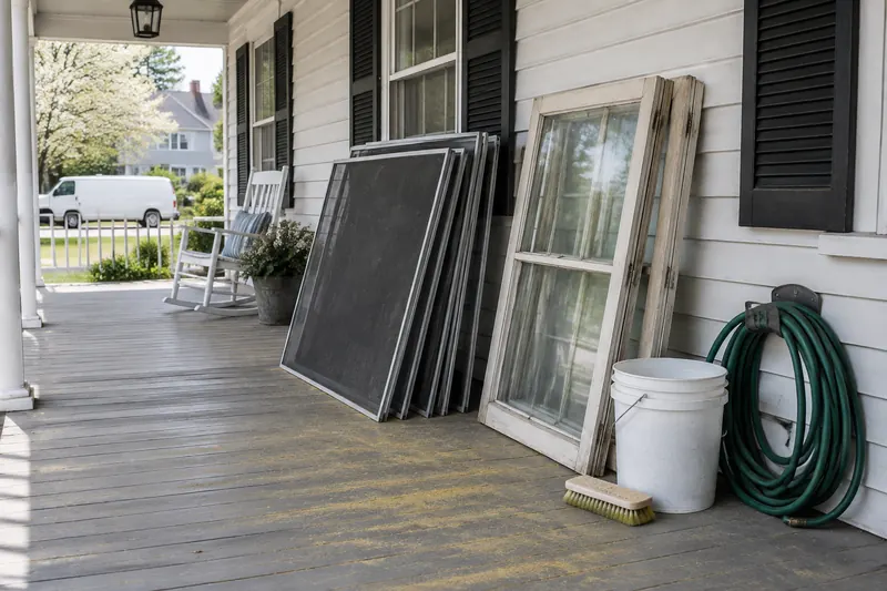 A porch with removed window screens and wooden storm windows leaning against the clapboard wall beside a bucket, brush and coiled hose