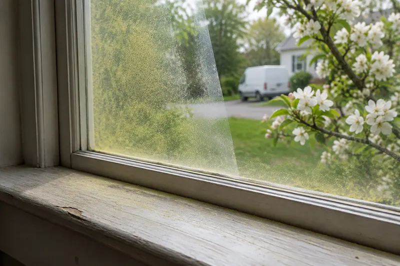 A wooden window sill and glass dusted with yellow-green pollen, with one clean wiped stripe and a blossoming branch outside
